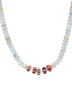 Aquamarine Bead Necklace with Multicolor Glass Accent Beads